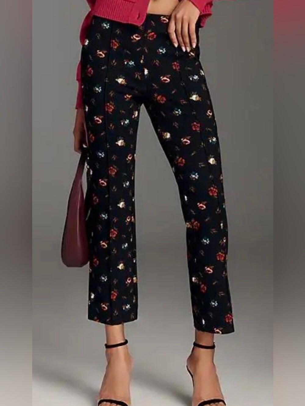 Anthropologie Black Floral Cropped Kick Flare Pull On Pants - Picture 3 of 5